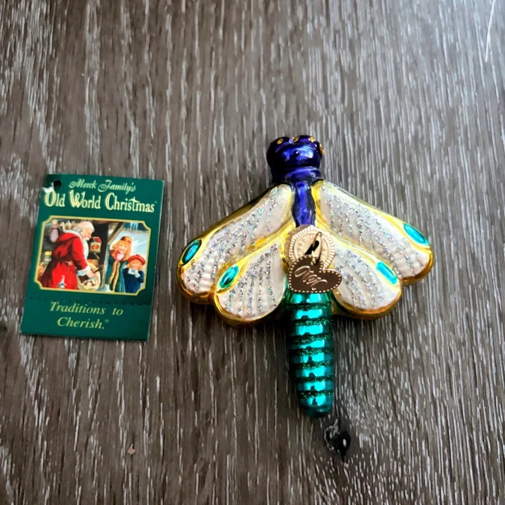 Old World Christmas Dragonfly Glass Ornament Blue Green Glitter Merck Family Tag